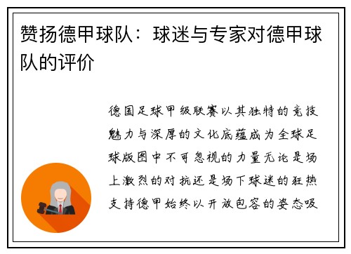 赞扬德甲球队：球迷与专家对德甲球队的评价